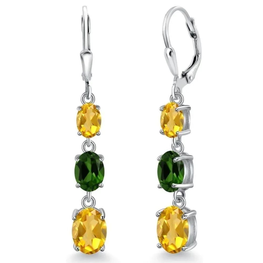 925 Sterling Silver with 4.90 Cttw 3 Stone Citrine and Chrome Diopside Earrings